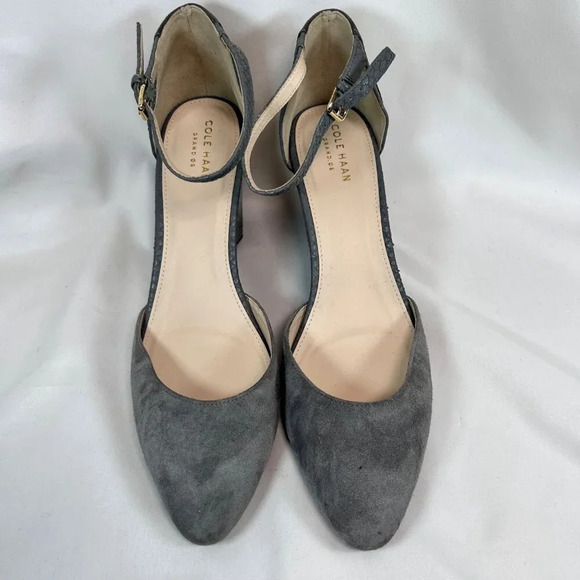 Cole Haan Grand OS Lara Size 9.5 Suede Wedge Heels Ankle Strap Snakeskin Gray - Picture 3 of 11